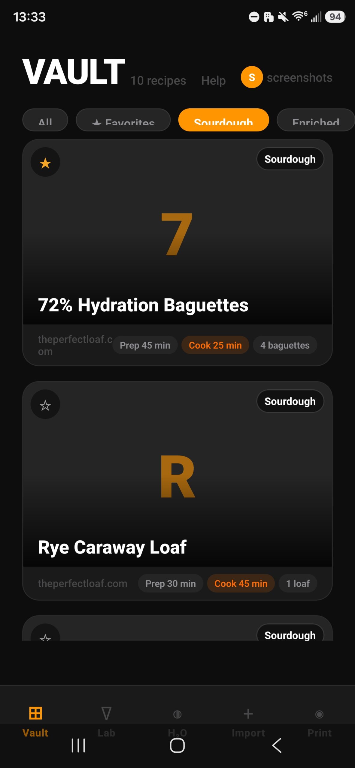 Bread Labs recipe Vault screen